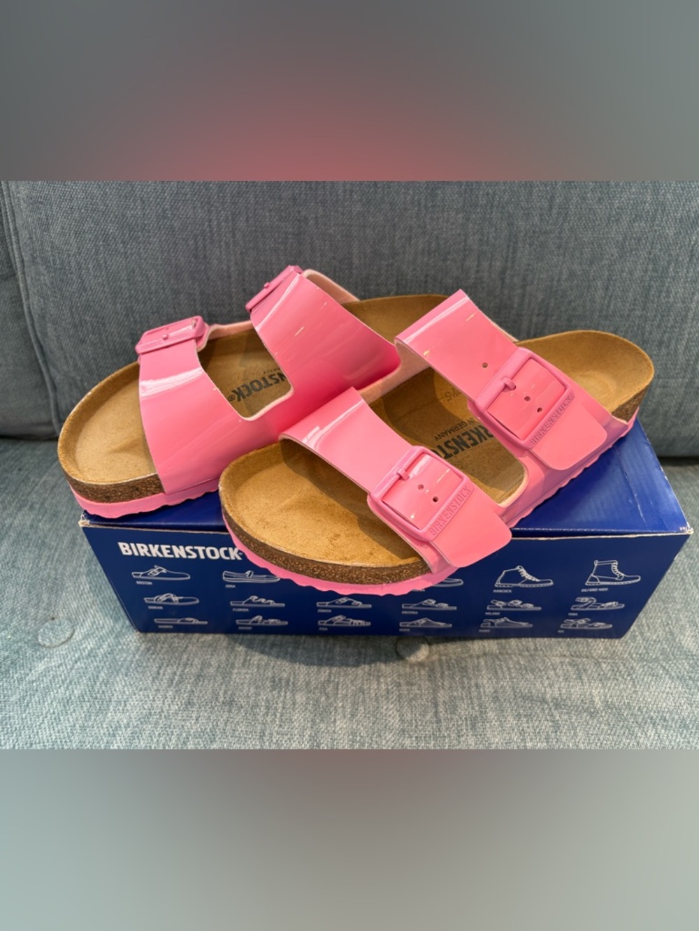 NIB Birkenstock Women’s Patent Candy Pink Arizona Two-Buckle Sandal, 37